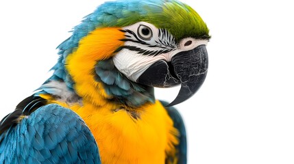Fototapeta premium Blue-and-yellow Macaw Portrait: Close-up on a White Background