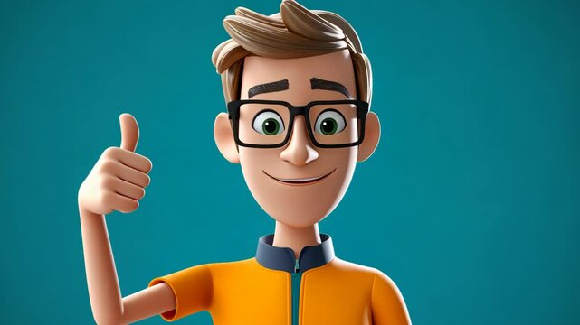 A cartoon man with glasses smiles and gives a thumbs up while wearing an orange shirt against a blue background