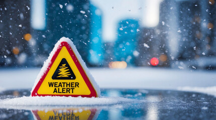 Bad weather alert in winter. Yellow warning sign pointing to heavy snow storm or blizzard. Bad weather conditions in the city with slippery icy road