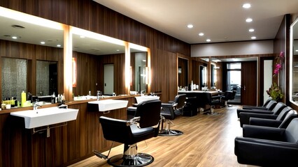 Fototapeta premium Modern Beauty Salon Interior with Stylish Decor, Haircuts and Treatments in Progress, Chic Atmosphere, Professional Hair Stylists, Elegant Furniture, Relaxing Environment, Contemporary Design