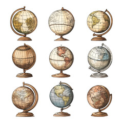 A collection of vintage globes showcasing different designs and maps, arranged in a 3x3 grid, emphasizing exploration and geography.