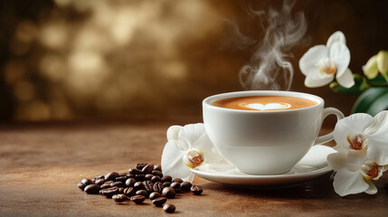 A serene coffee moment with steaming cup and orchids on a rustic table