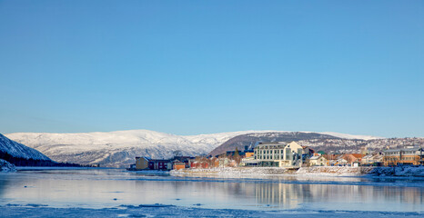 Winter in Mosjøen town by the river Vesna,Helgeland