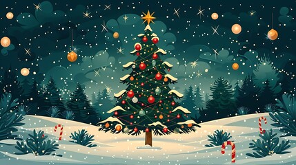 A delightful Christmas card featuring a Christmas tree and a beautiful wreath, with added holiday elements like baubles, stars, and candy canes. The vector illustration captures the spirit of 