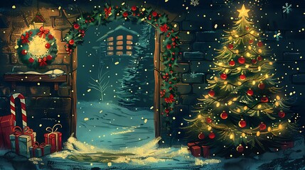 A delightful Christmas card featuring a Christmas tree and a beautiful wreath, with added holiday elements like baubles, stars, and candy canes. The vector illustration captures the spirit of 