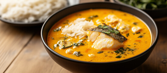 A vibrant bowl of coconut fish curry featuring a rich yellow broth, garnished with fresh herbs, set against a stylish restaurant backdrop, perfect for a menu highlight. coconut fis