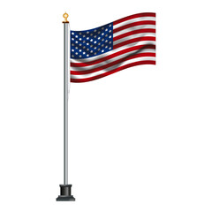 American flag waving on a flagpole, isolated on white background, vector illustration. The national flag of the United States.