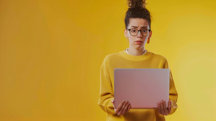 Woman with laptop on yellow background
