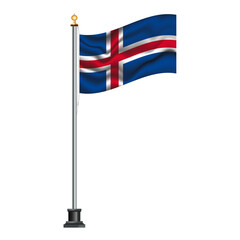 Icelandic flag waving on a flagpole, isolated on transparent or white background, vector illustration. The national flag of Iceland.