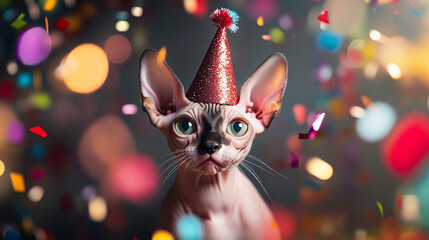A playful Sphynx cat peeking out from a New Yearâs party hat, surrounded by colorful confetti and twinkling lights, capturing the excitement of the celebration. Sphynx cat party, N
