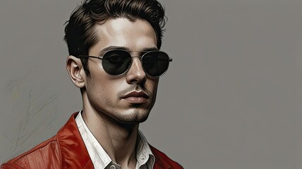 Fototapeta premium The young man with dark hair and sunglasses stands elegantly dressed in a red jacket exuding confidence and style against a muted backdrop