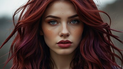 Naklejka premium A young woman with striking red hair and intense blue eyes stands outdoors catching the light of the golden hour with a serene expression on her face