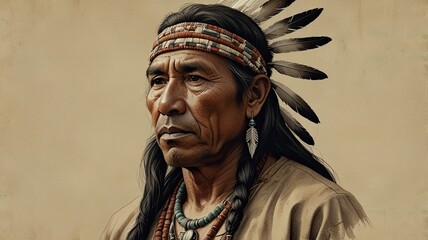 Obraz premium This artwork features a Native American man wearing traditional attire and accessories highlighting the beauty of Indigenous culture and identity