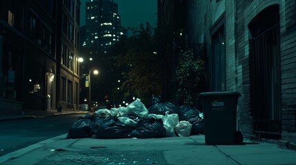 Overflowing garbage bags piling up on city sidewalk at night