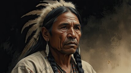 Fototapeta premium A Native American man displays his cultural heritage with traditional clothing and feather adornments gazing thoughtfully into the distance