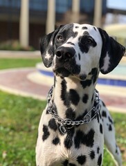 Close up photo of a beautiful purebred Dalmatian named Otis. He is enjoying his time outside by a fountain.