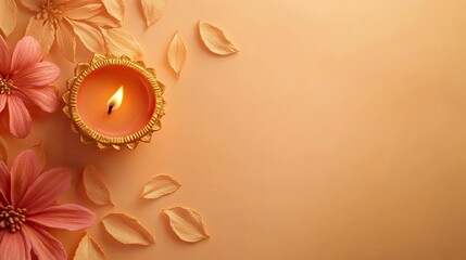 Obraz premium Diwali Theme background for product photoshoot, right side space is full empty & on left a diya with a flame, peach color tone & golden shades ,generative ai