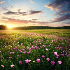 Fototapeta premium Sunset Illuminates Vibrant Wildflower Meadow Enhancing Nature's Beauty and Tranquility in the Landscape