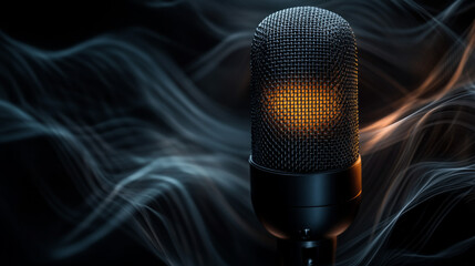 A close-up of a microphone glowing softly against a dark, smoky backdrop