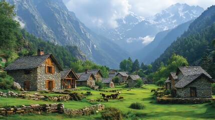 Obraz premium Alpine village scenes stone homes and livestock facing sudden cold snaps and harsh weather during the Piora climate shift