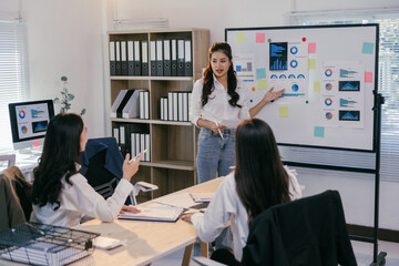Three asian businesswomen are having a meeting in the office, discussing over charts and reports displayed on a whiteboard, analyzing data and strategizing for business growth