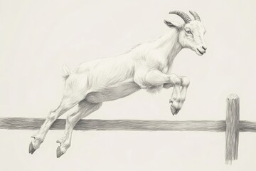 Fototapeta premium Detailed pencil sketch of a white goat mid-leap over a wooden fence, capturing dynamic movement and lively expression against a plain background