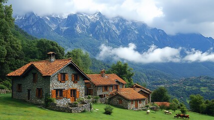 Fototapeta premium Early European village high the Alps with stone houses and grazing livestock affected by the sudden cooling and changing weather patterns of the Piora Oscillation