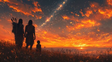 Fototapeta premium Early human family observing glowing meteorites awe illustrating fear and migration during celestial events