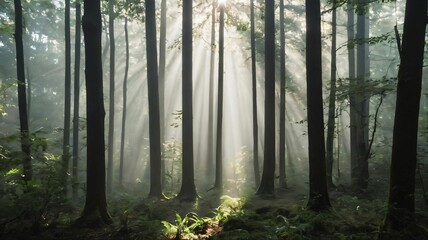 Obraz premium Sunlight streaming through foggy treetops in a dense forest