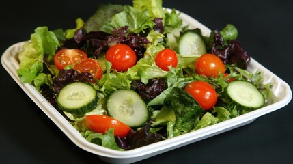 Fresh salad with mixed greens, cherry tomatoes, cucumbers, and a light vinaigrette, healthy meal