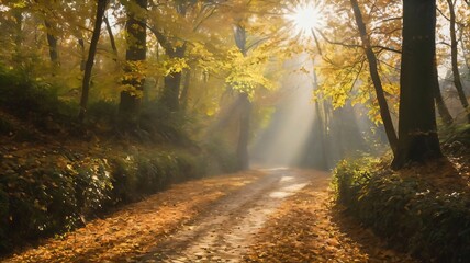 Sunlight filtering through autumn leaves onto a path