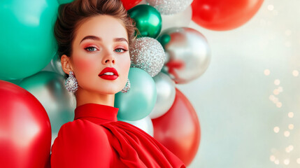 Obraz premium Elegant woman in vibrant red dress poses against festive holiday backdrop