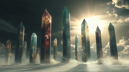 Colorful crystal obelisks emerging from snowy desert landscape at sunset