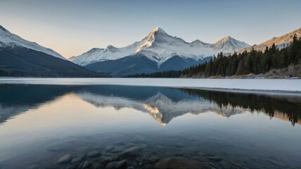 Snow capped mountain peaks reflected in a clear lake
