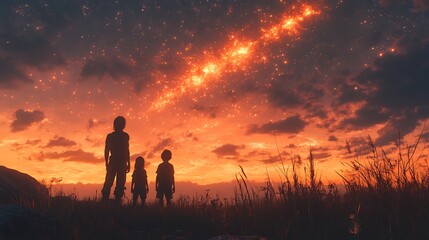 Fototapeta premium Early human family watching sky in awe as glowing celestial bodies pass overhead triggering fear and migration among ancient North American tribes