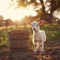 Fototapeta premium Baby white goat with floppy ears standing beside a rustic wooden bucket in a sunlit field, creating a warm, pastoral scene at golden hour