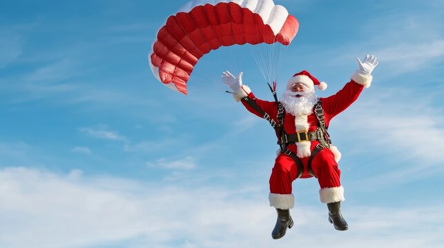 Santa Claus skydiving from a plane with a parachute