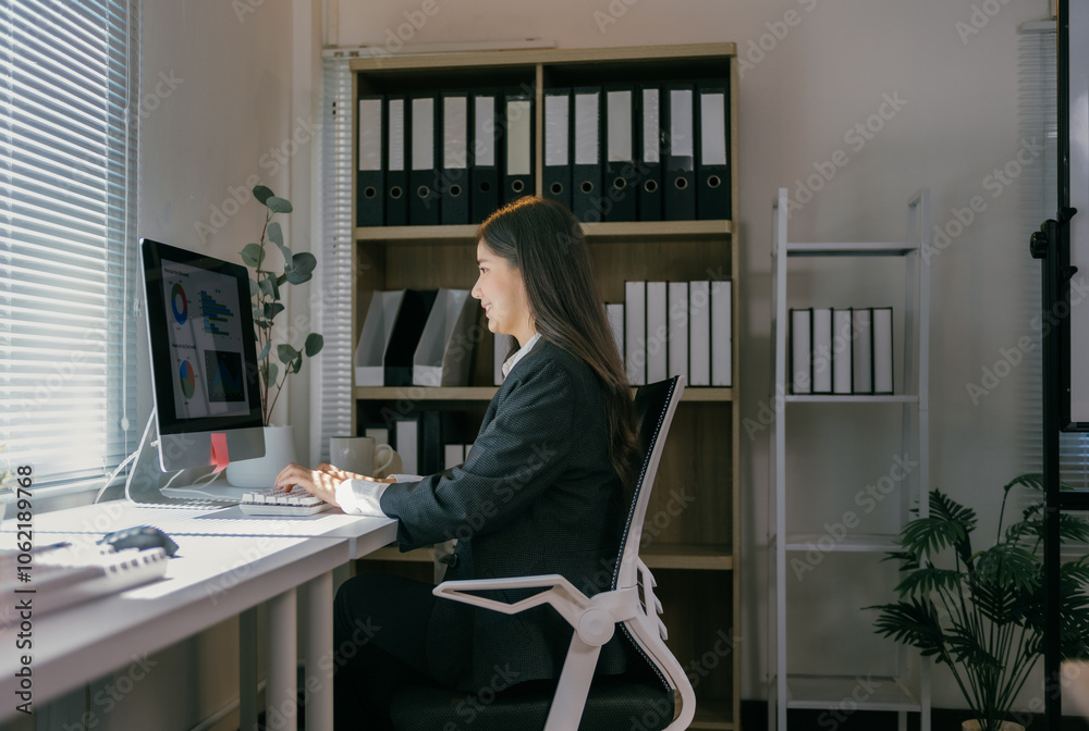 Poster young businesswoman sitting at her desk and working on a computer with charts and statistics display