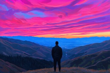 Fototapeta premium A Person Stands in Awe of a Vibrant Sunset Over the Mountains Experiencing Nature's Beauty and Tranquility