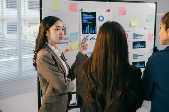Businesswomen are having a discussion about charts and graphs displayed on a whiteboard, collaborating and analyzing data during an office meeting