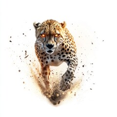 Naklejka premium Cheetah chasing prey clipart, digital painting, glowing effects, high contrast, isolated on white background.