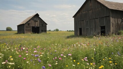 Old barn in a field with wildflowers blooming around it