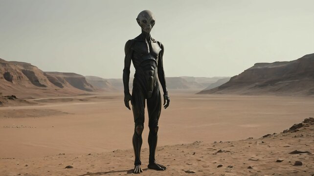 humanoid alien standing on martian landscape and wearing a black suit