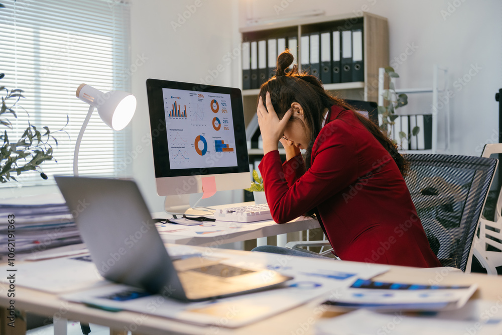Poster young business woman is working with a lot of stress and headache from working in the office using a