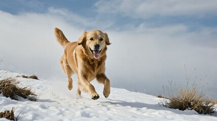Golden retriever running on a snowy hillside