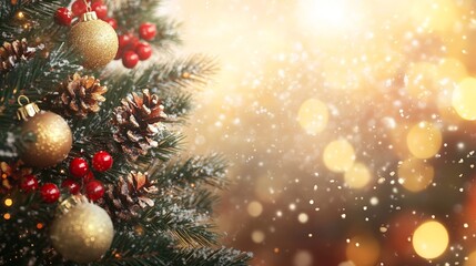 Festive Christmas Tree with Ornaments and Warm Lights on a Glittering Background