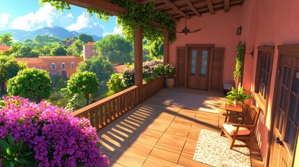 A serene balcony adorned with vibrant flowers invites relaxation amidst a picturesque landscape of nature and architecture.