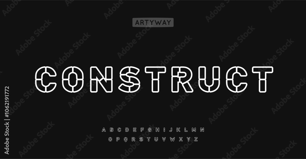 Poster Architectural stencil alphabet, line segmented letters, linear grid font for engineering project logo, modern tech branding, wireframe style typography. Vector typeset