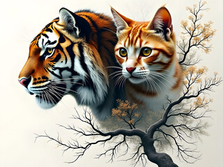 Abstract double exposure art of an untamed striped wild tiger and tamed docile orange and white domestic house cat