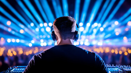 Obraz premium DJ performing at a vibrant music festival with bright stage lights
